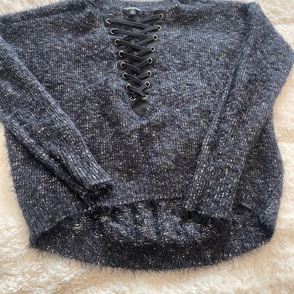 Express Women's Charcoal & Navy Lace-Up V-Neck Sweater